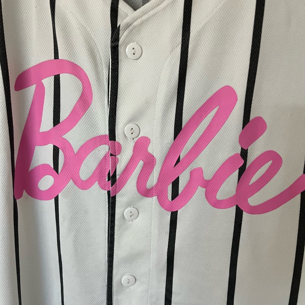 White Pinstriped Barbie Graphic Baseball Jersey - Picture 7 of 11